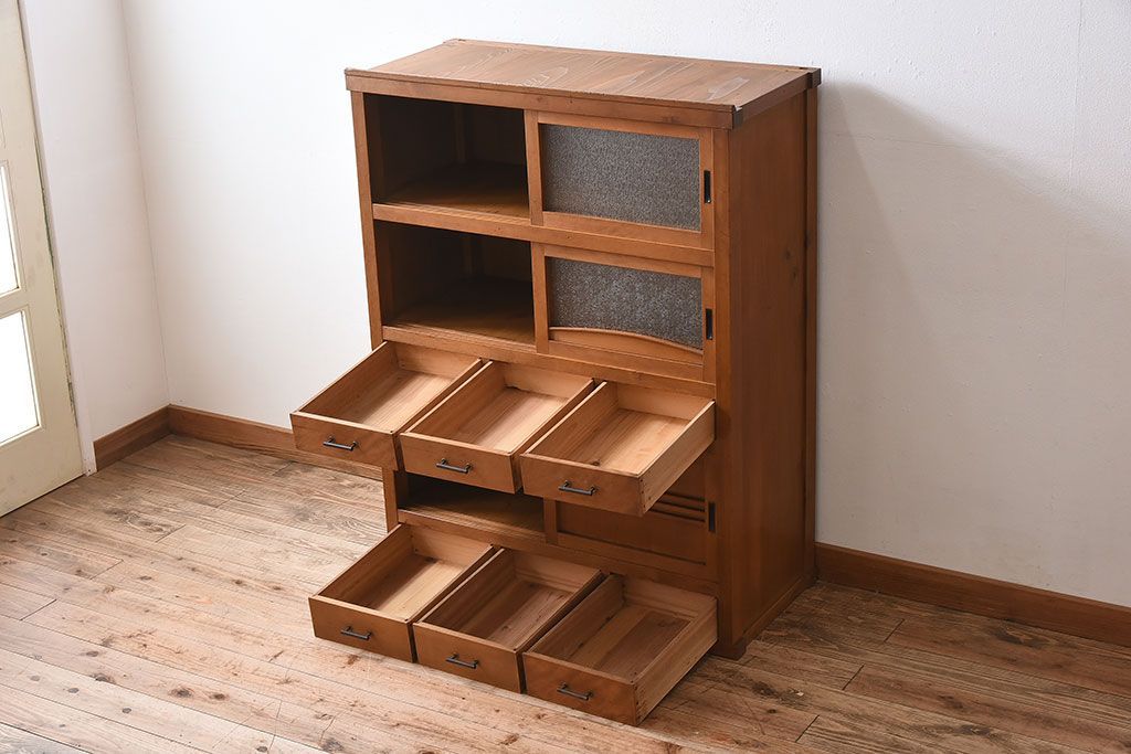 アンティーク家具　三尺　ダイヤガラス引き戸!前檜材製　古い木のアンティーク収納棚(水屋箪笥)