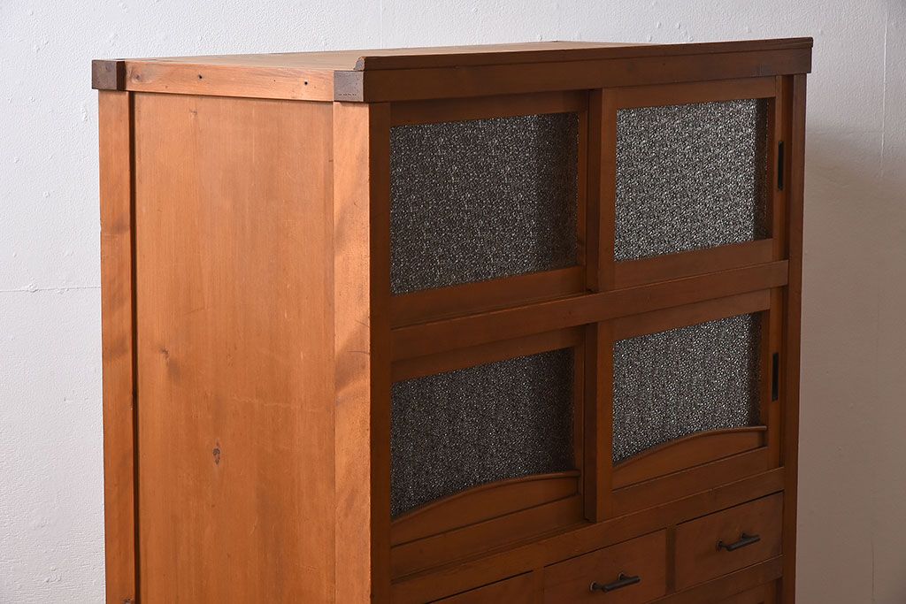 アンティーク家具　三尺　ダイヤガラス引き戸!前檜材製　古い木のアンティーク収納棚(水屋箪笥)