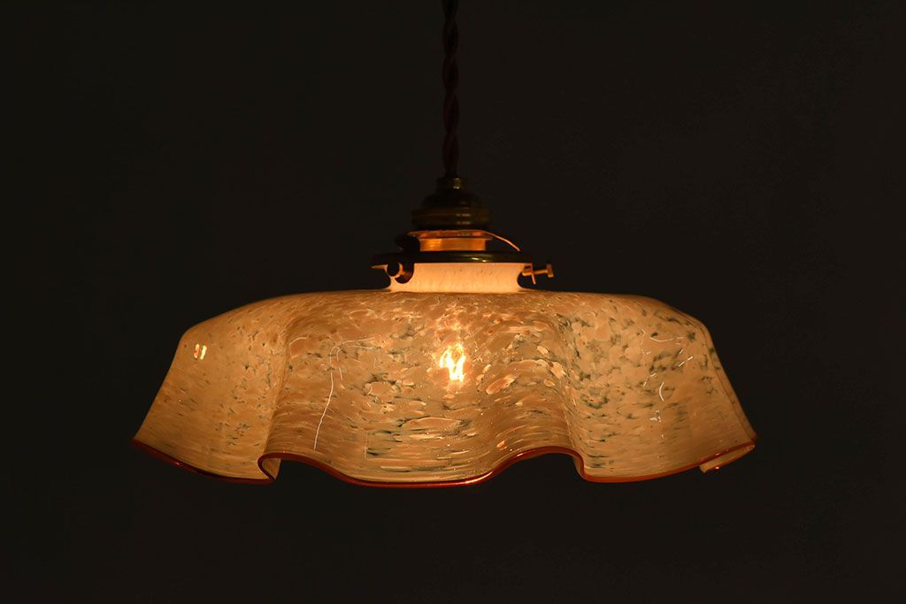 フランスアンティーク　上品なフリルシェードのペンダントライト(天井照明)(3)