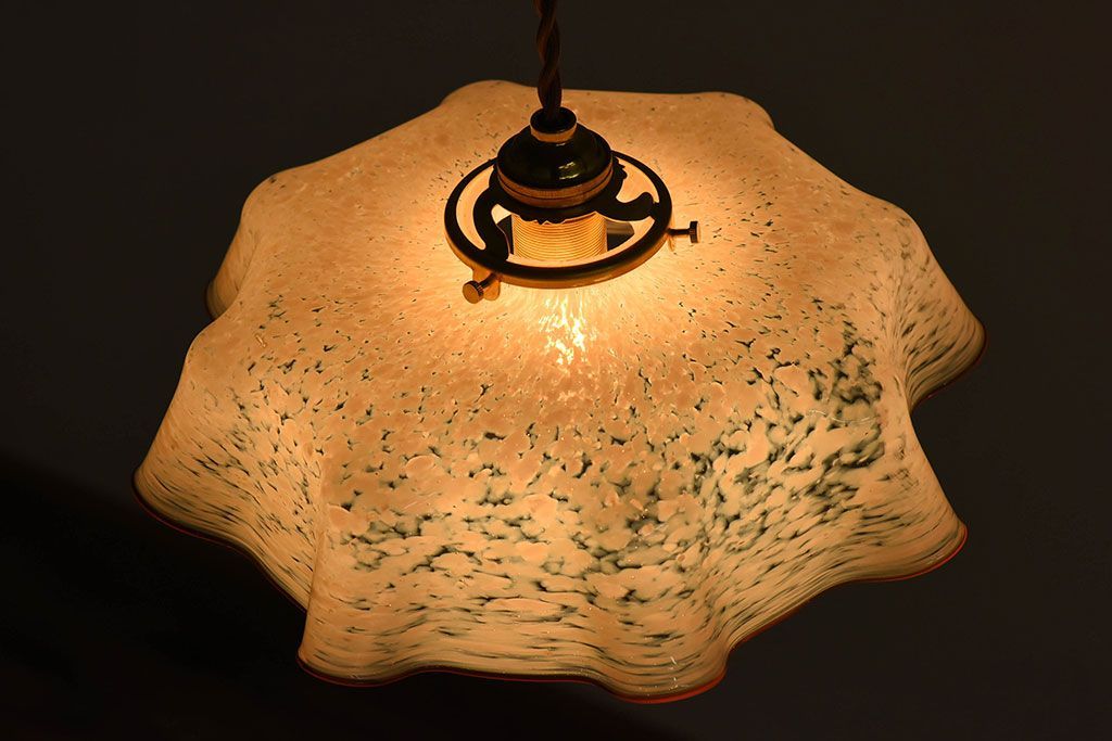 フランスアンティーク　上品なフリルシェードのペンダントライト(天井照明)(3)