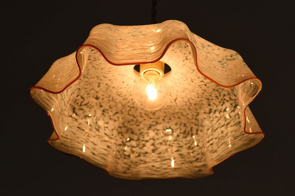 フランスアンティーク　上品なフリルシェードのペンダントライト(天井照明)(3)