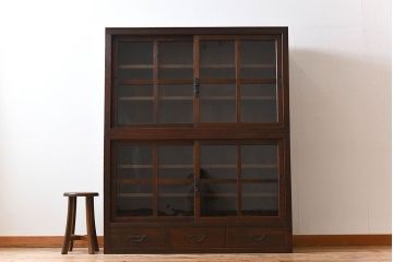 アンティーク家具　前面檜材製　和製アンティーク　ガラス引き戸!古い木の重ね収納棚