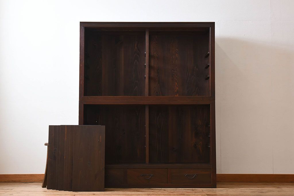 アンティーク家具　前面檜材製　和製アンティーク　ガラス引き戸!古い木の重ね収納棚