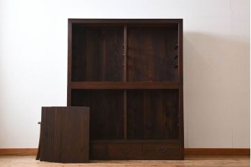 アンティーク家具　前面檜材製　和製アンティーク　ガラス引き戸!古い木の重ね収納棚