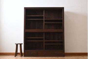アンティーク家具　前面檜材製　和製アンティーク　ガラス引き戸!古い木の重ね収納棚