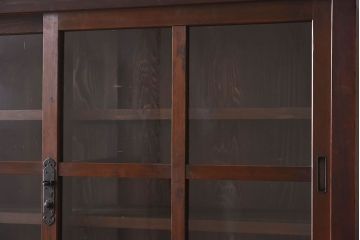 アンティーク家具　前面檜材製　和製アンティーク　ガラス引き戸!古い木の重ね収納棚