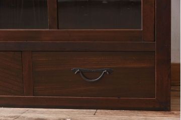 アンティーク家具　前面檜材製　和製アンティーク　ガラス引き戸!古い木の重ね収納棚