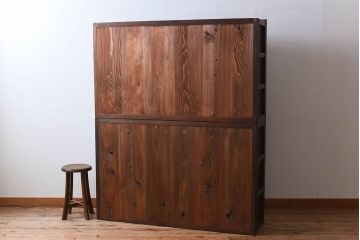 アンティーク家具　前面檜材製　和製アンティーク　ガラス引き戸!古い木の重ね収納棚