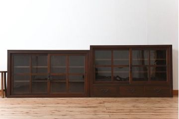アンティーク家具　前面檜材製　和製アンティーク　ガラス引き戸!古い木の重ね収納棚