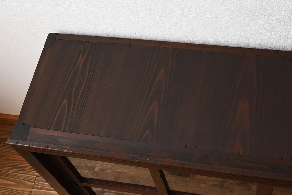 アンティーク家具　前面檜材製　和製アンティーク　ガラス引き戸!古い木の重ね収納棚