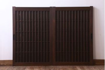 格子デザイン　古民具・骨董　古い木製の板戸2枚セット(窓)(1)