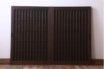 格子デザイン　古民具・骨董　古い木製の板戸2枚セット(窓)(2)