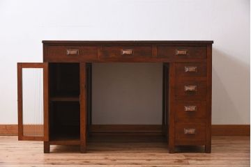 アンティーク家具　古い木製　檜材　大きなアンティーク両袖机