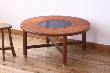 ヴィンテージ家具　北欧ビンテージ　コーヒーテーブル(ラウンドテーブル)おしゃれなガラス入り