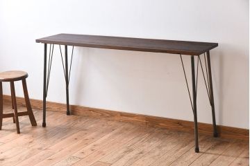 アンティーク家具　古い天板一枚板!朴の木材製　シンプルな鉄脚テーブル