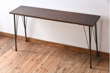 アンティーク家具　古い天板一枚板!朴の木材製　シンプルな鉄脚テーブル
