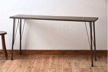 アンティーク家具　古い天板一枚板!朴の木材製　シンプルな鉄脚テーブル