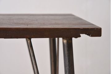 アンティーク家具　古い天板一枚板!朴の木材製　シンプルな鉄脚テーブル