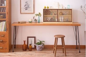 アンティーク家具　古い天板一枚板!檜材製　シンプルな鉄脚テーブル