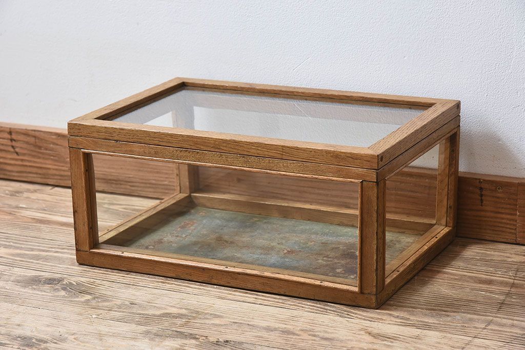 アンティーク家具　アンティーク　ナラ材　小ぶりな横型ガラスケース(ショーケース)