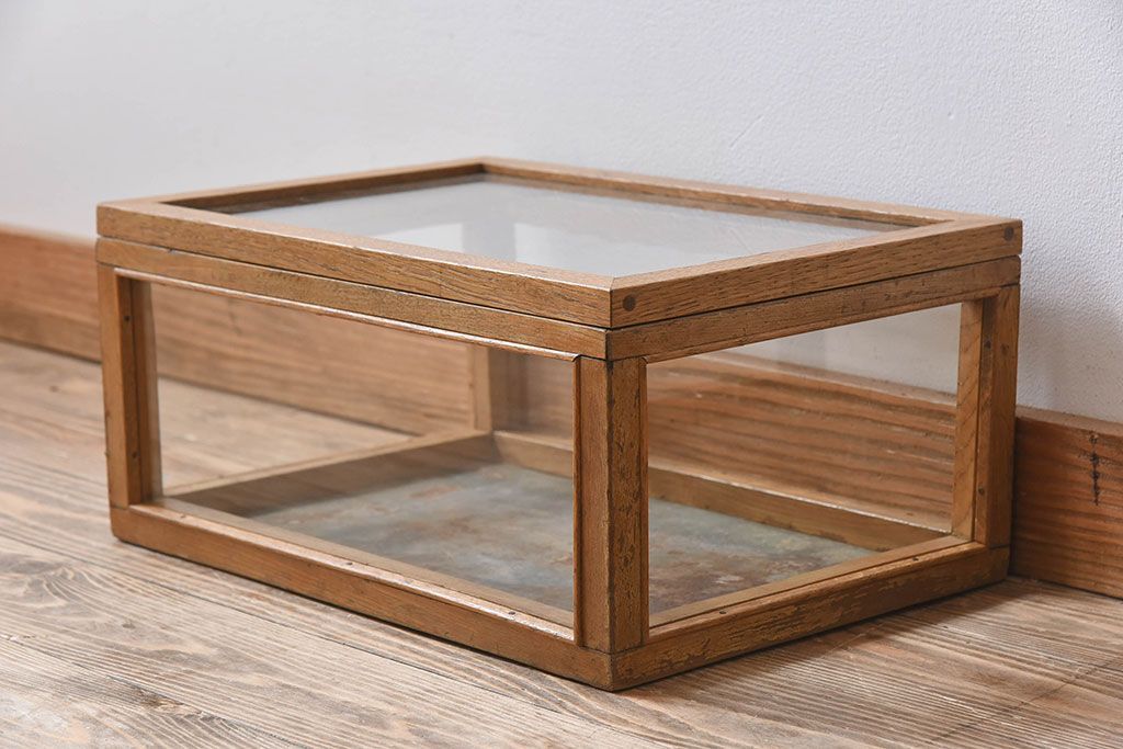 アンティーク家具　アンティーク　ナラ材　小ぶりな横型ガラスケース(ショーケース)