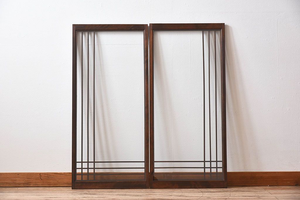 古い木のレトロなアンティークガラス戸(窓)2枚セット