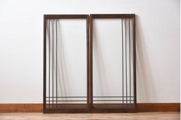 古い木のレトロなアンティークガラス戸(窓)2枚セット