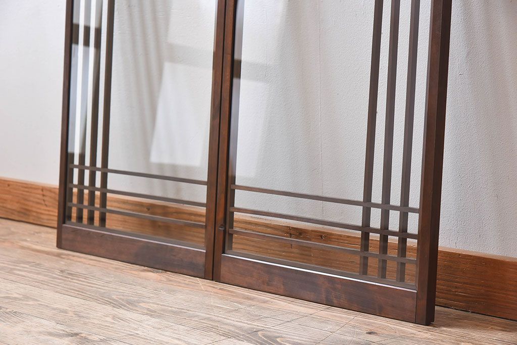 古い木のレトロなアンティークガラス戸(窓)2枚セット