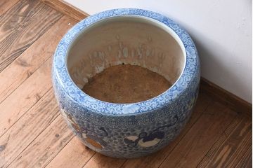 アンティーク雑貨　古民具・骨董　瓢箪(ひょうたん)の図　アンティーク染付瀬戸火鉢