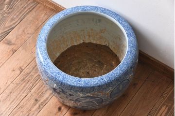 アンティーク雑貨　古民具・骨董　玉取獅子図　アンティーク染付瀬戸火鉢