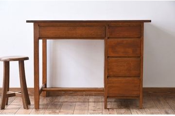レトロ家具　シンプル　昭和レトロな古い木の片袖机　ブナ材製