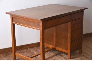 レトロ家具　シンプル　昭和レトロな古い木の片袖机　ブナ材製