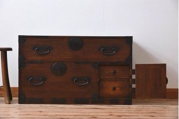 アンティーク家具　丸金具付き!アンティークの時代箪笥ローボード　前桐材製(2)