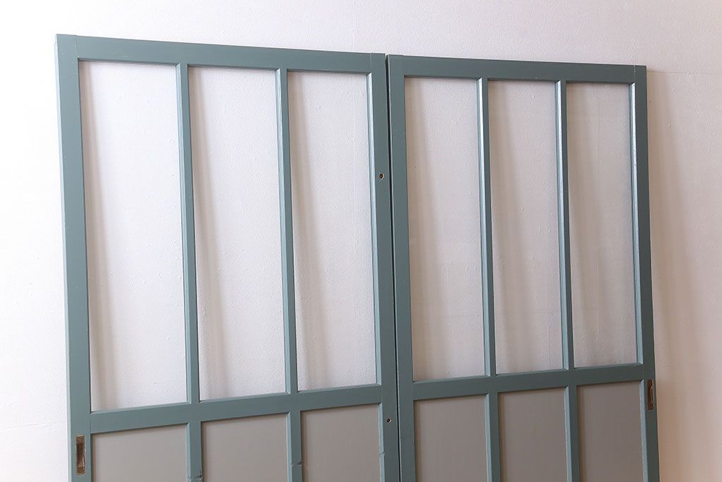 くすんだグリーン×グレーペイント!おしゃれなガラス戸2枚セット