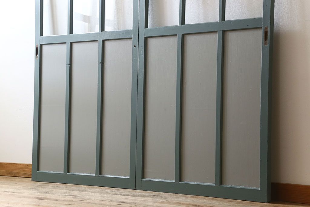 くすんだグリーン×グレーペイント!おしゃれなガラス戸2枚セット