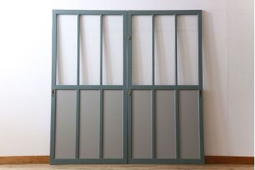 くすんだグリーン×グレーペイント!おしゃれなガラス戸2枚セット