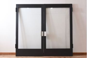 【M様ご成約分-左】ビンテージ　両開き　無垢材!特大ガラスドア2枚セット(間仕切り・パーテーション)
