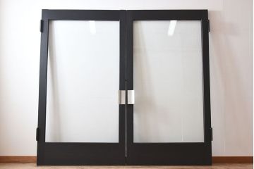 【M様ご成約分-左】ビンテージ　両開き　無垢材!特大ガラスドア2枚セット(間仕切り・パーテーション)