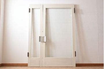 ビンテージ　両開き　無垢材!特大ガラスドア2枚セット(間仕切り・パーテーション)