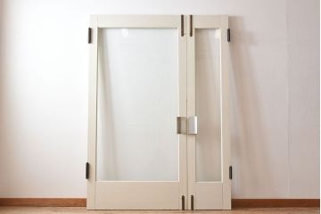 ビンテージ　両開き　無垢材!特大ガラスドア2枚セット(間仕切り・パーテーション)