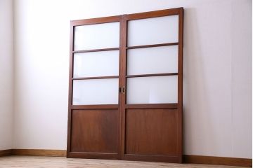 和製アンティーク　レトロな古い木のガラス戸2枚セット