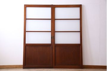 和製アンティーク　レトロな古い木のガラス戸2枚セット