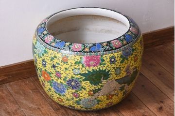 アンティーク雑貨　和製アンティーク　特大!鮮やかな十錦手火鉢　獅子の図