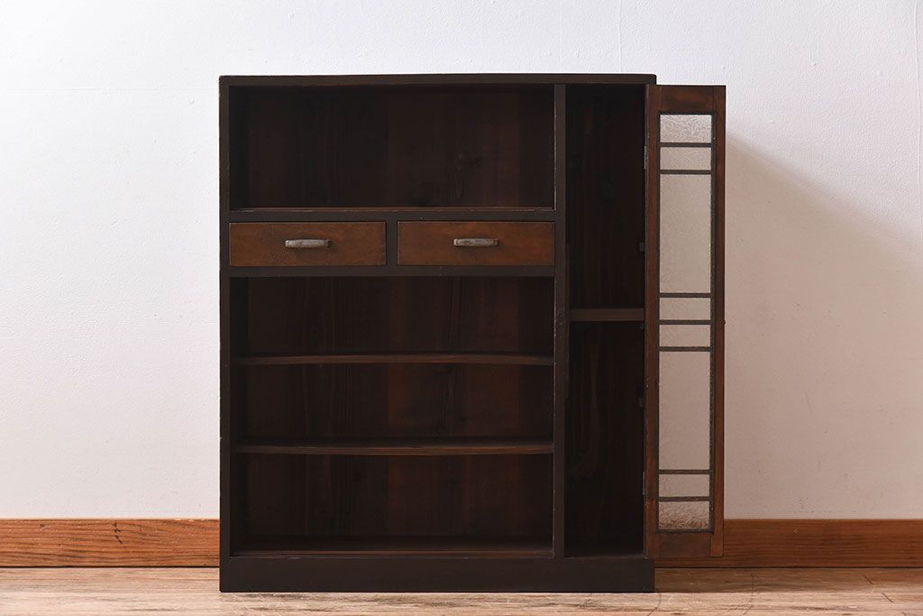 アンティーク家具　結霜ガラス入り!古い木製の収納棚(下駄箱)