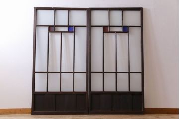 モダンなアンティークガラス戸2枚セット　当時物色ガラス入り