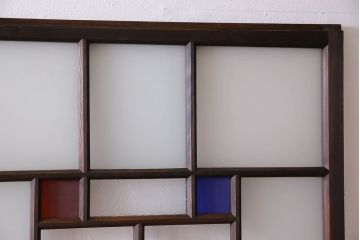 モダンなアンティークガラス戸2枚セット　当時物色ガラス入り