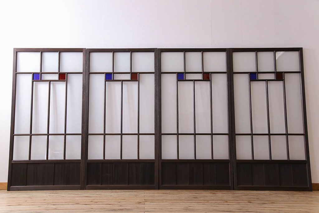 モダンなアンティークガラス戸4枚セット　当時物色ガラス入り