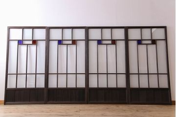 モダンなアンティークガラス戸4枚セット　当時物色ガラス入り