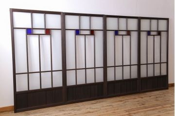 モダンなアンティークガラス戸4枚セット　当時物色ガラス入り