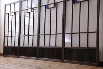 モダンなアンティークガラス戸4枚セット　当時物色ガラス入り